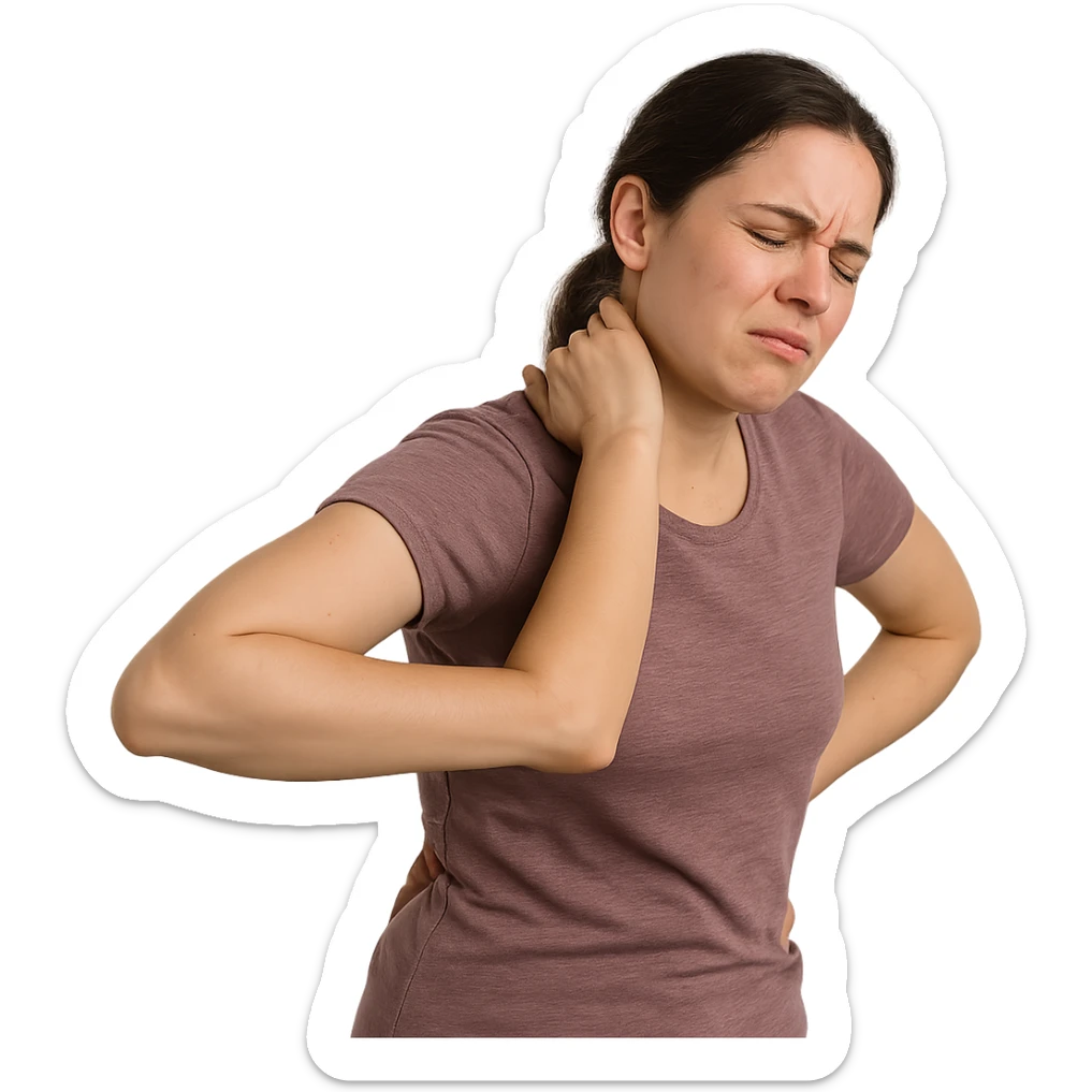 realistic woman with posture showing frequent discomfort and muscle tension, expression of discomfort, isolated composition on white background sticker