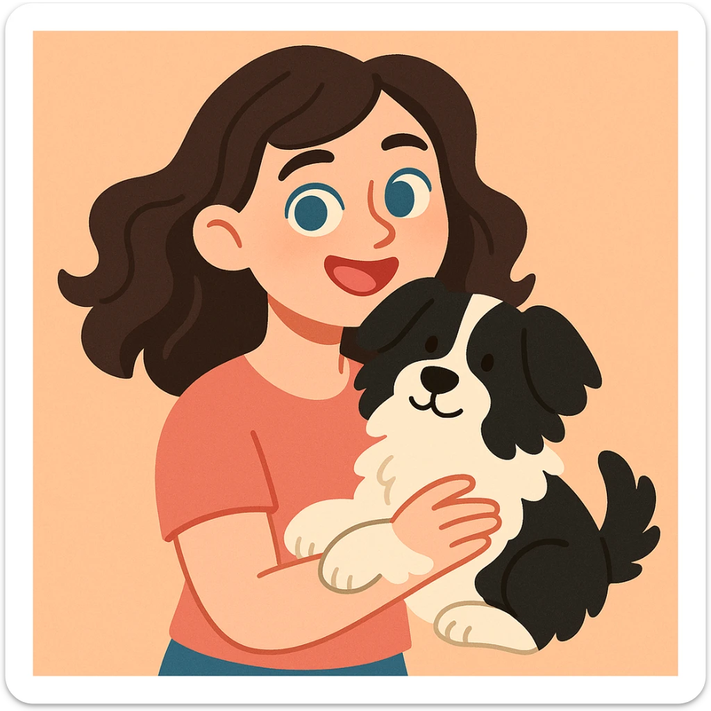 soft cartoon style of a Baltic girl with fair skin, brunette wavy hair, and blue eyes, smiling while holding her fluffy black and white dog sticker