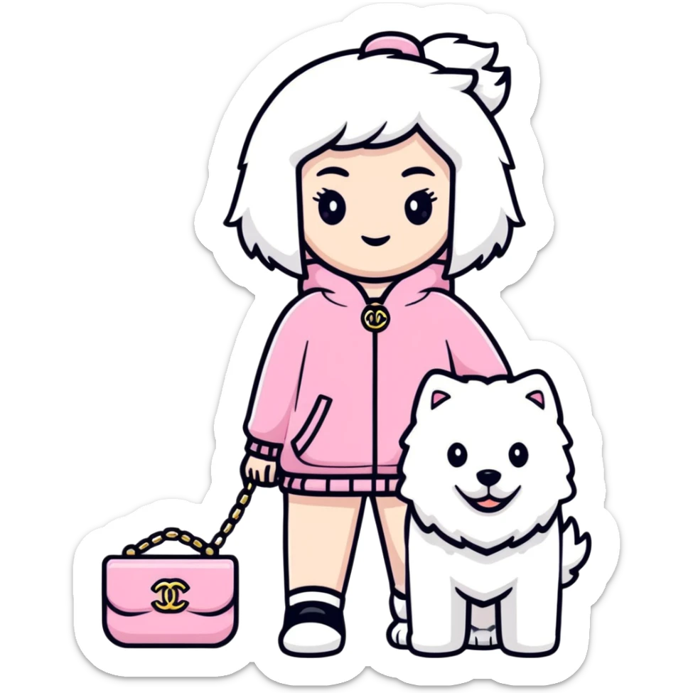girl in pink Chanel-style outfit with white Samoyed dog sticker