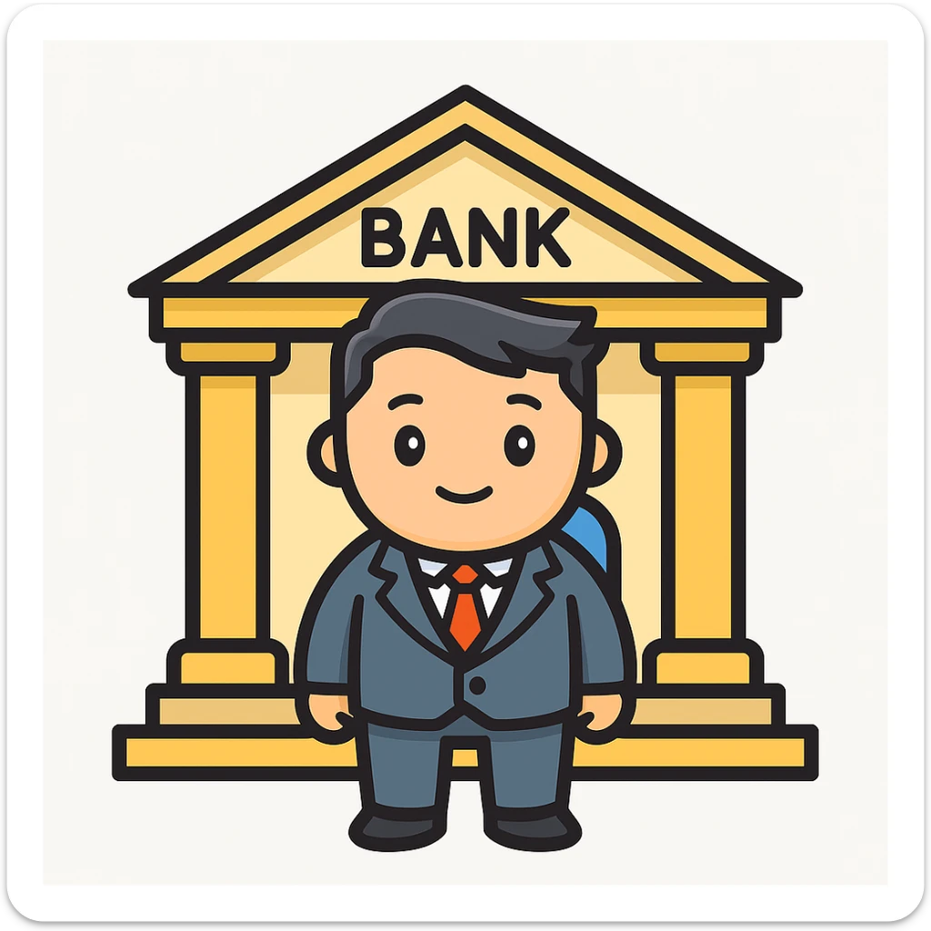 Add a bank building background to the bank manager in a lineal color icon style with black outlines, clean and clear with vibrant colors. sticker