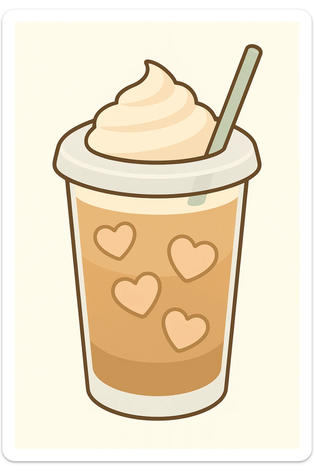 An iced latte in a transparent matte glass, showing how the milk and coffee mix, with heart-shaped ice touching the inner walls of the glass, and a clear lid with a transparent straw on top. Use soft and pastel tones. Make the emoji image resemble the basic set of smileys like on the iPhone. sticker