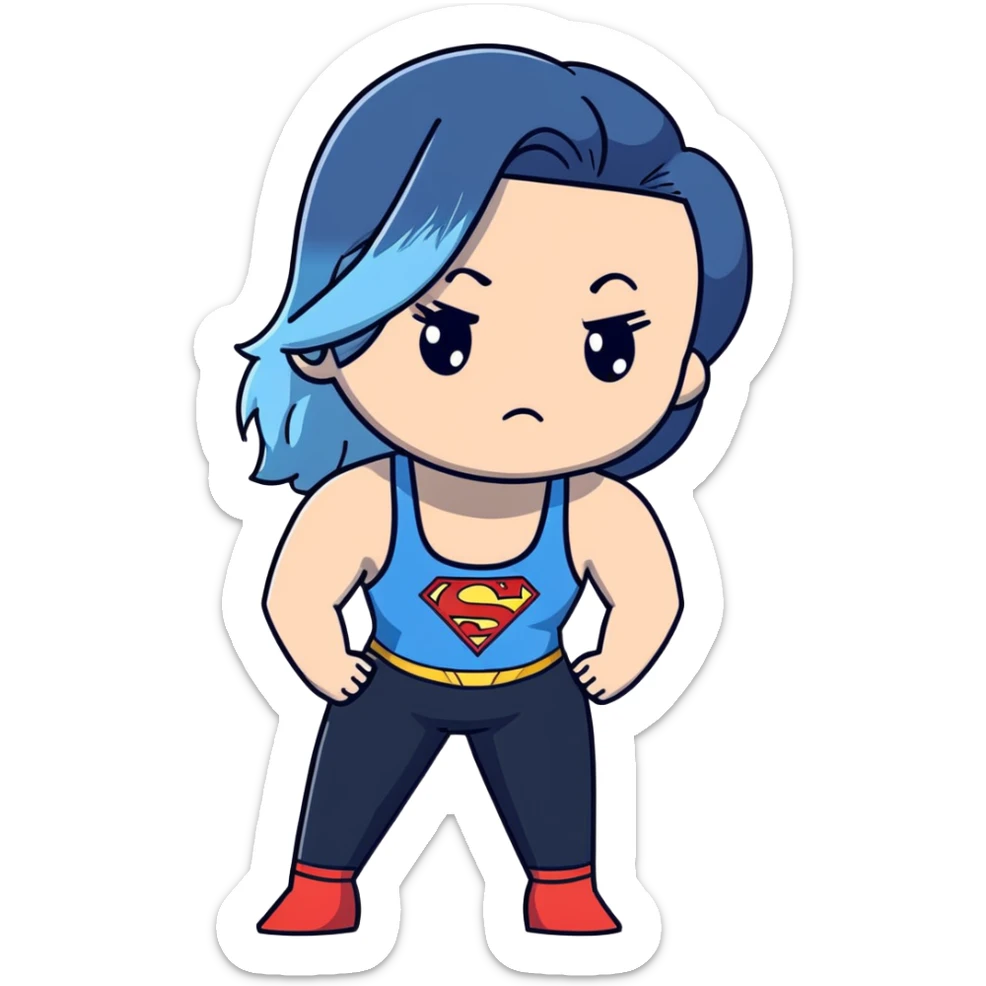 Adult female-very very very large upper body-Beautiful-shameful look on face-very long and very straight black to sky blue ombre hair-blue sad eyes-cute sky blue lowcut tanktop-black with superman logo- leggings sticker