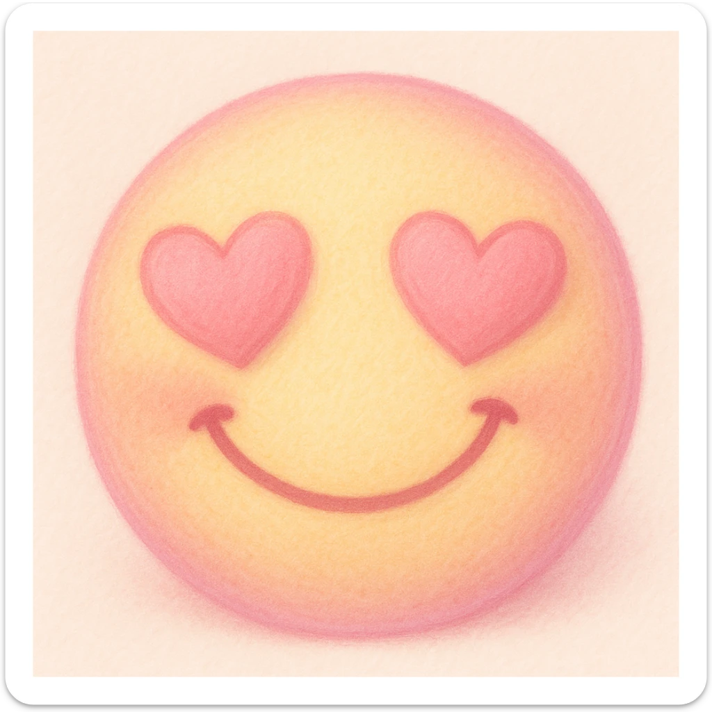 cute emoji, heart eyes, playful grin, pastel pink and yellow sticker