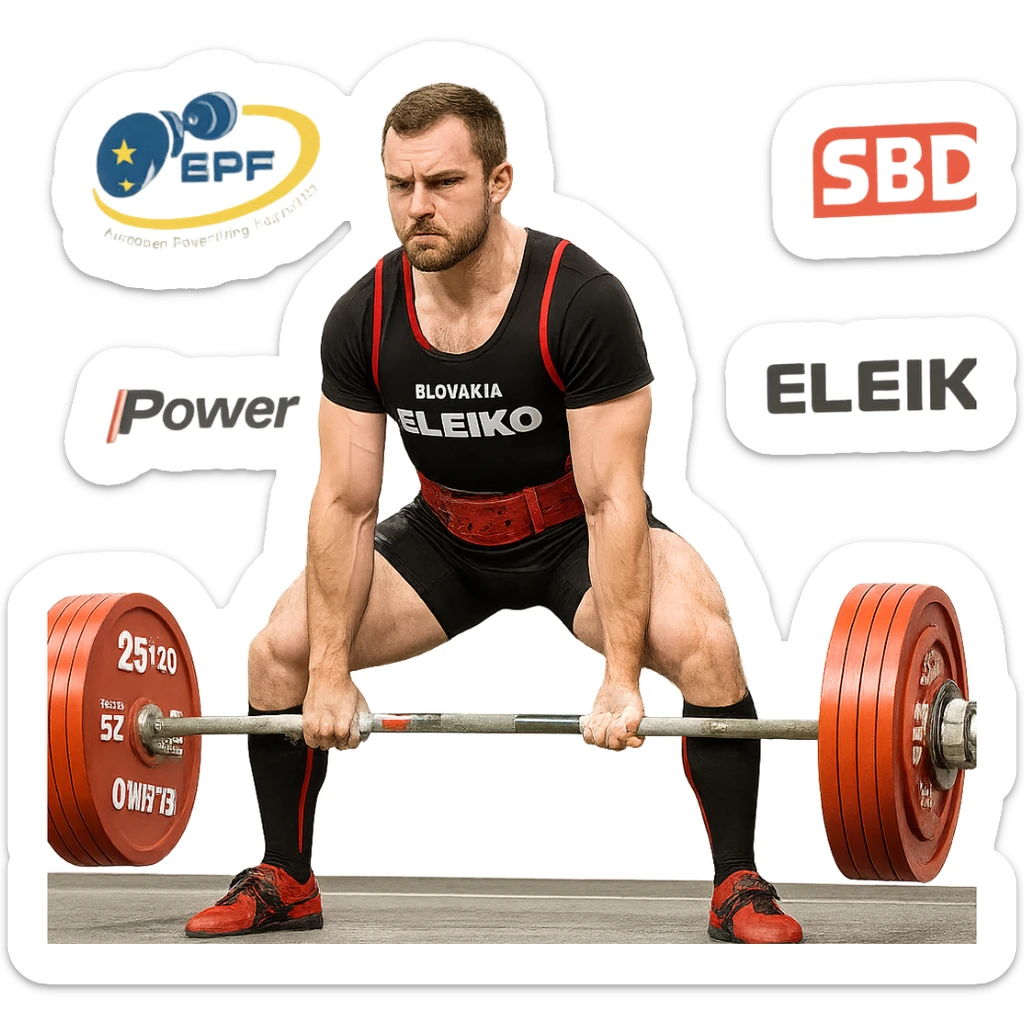 European powerlifter in federal competition, performing deadlift, focused expression, competition clothing, stage with logos, loaded barbell, isolated on white background sticker