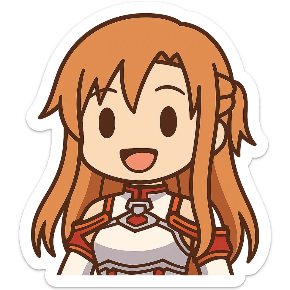 Sticker of Asuna from Sword Art Online in 3D cartoon style with a smiling expression, inspired by the reference image. sticker