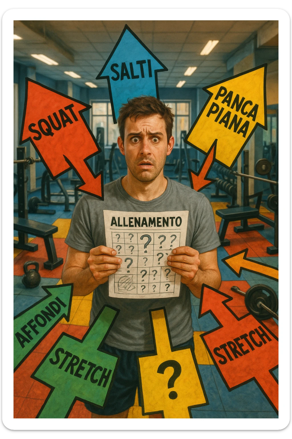 a person stands in the center of a gym, surrounded by arrows pointing in all directions, each labeled with a different exercise (e.g., “squat,” “Salti,” “stretch,” “Panca Piana”). The person looks bewildered, holding a workout plan with scribbles and question marks. The scene is colorful but visually messy, symbolizing confusion. in italiano immagine iperrealistica sticker