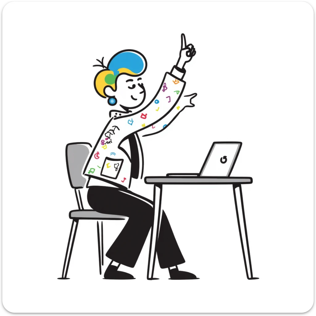 Edgy female rock musician with colorful tattoo sleeve, undercut hairstyle with vibrant dyed hair, wearing leather jacket, sitting at classroom desk with laptop, hand raised enthusiastically sticker