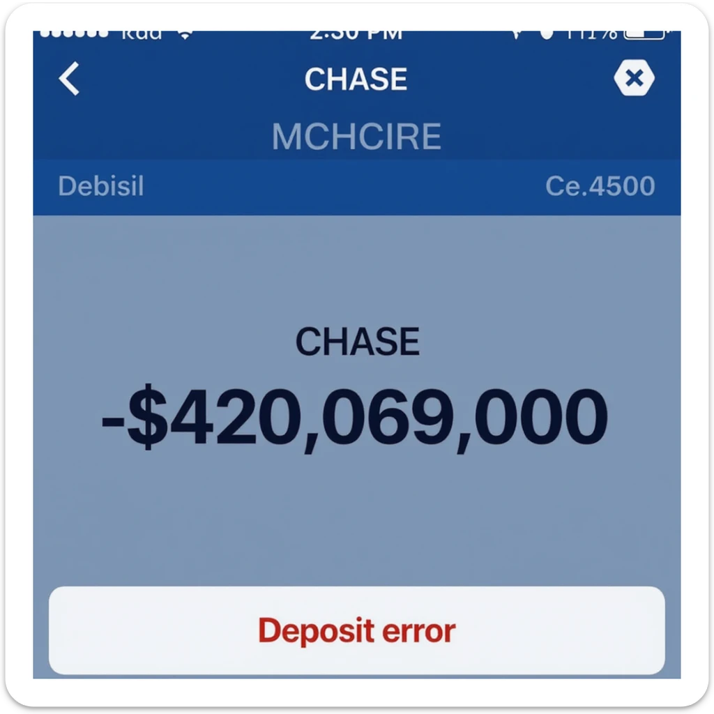 a iphone screenshot showing a chase bank balance of -$420,069,000, "deposit error" sticker