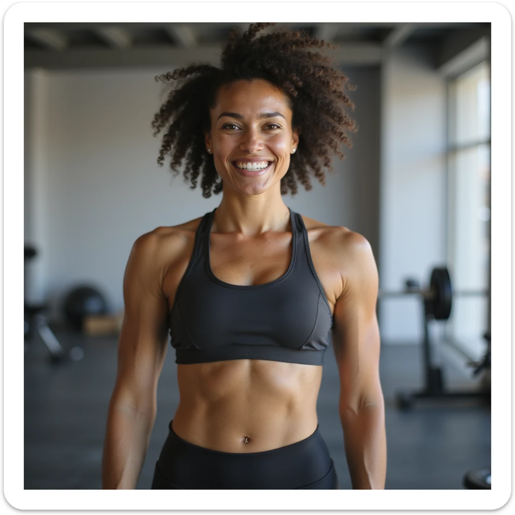 hyperrealistic 4K image of a woman showing fitness progress with a confident pose, athletic physique, satisfied smile, wearing sportswear sticker