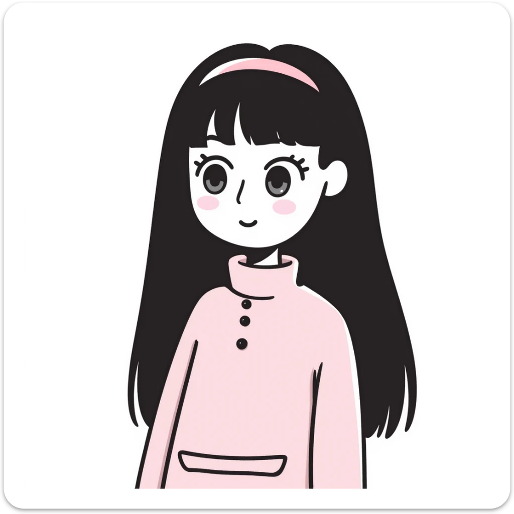 pale girl with straight long black and baby pink swirled hair with bangs, grey eyes, doll-like makeup, wearing a light pink lolita hime gyaru dress, doodle style sticker