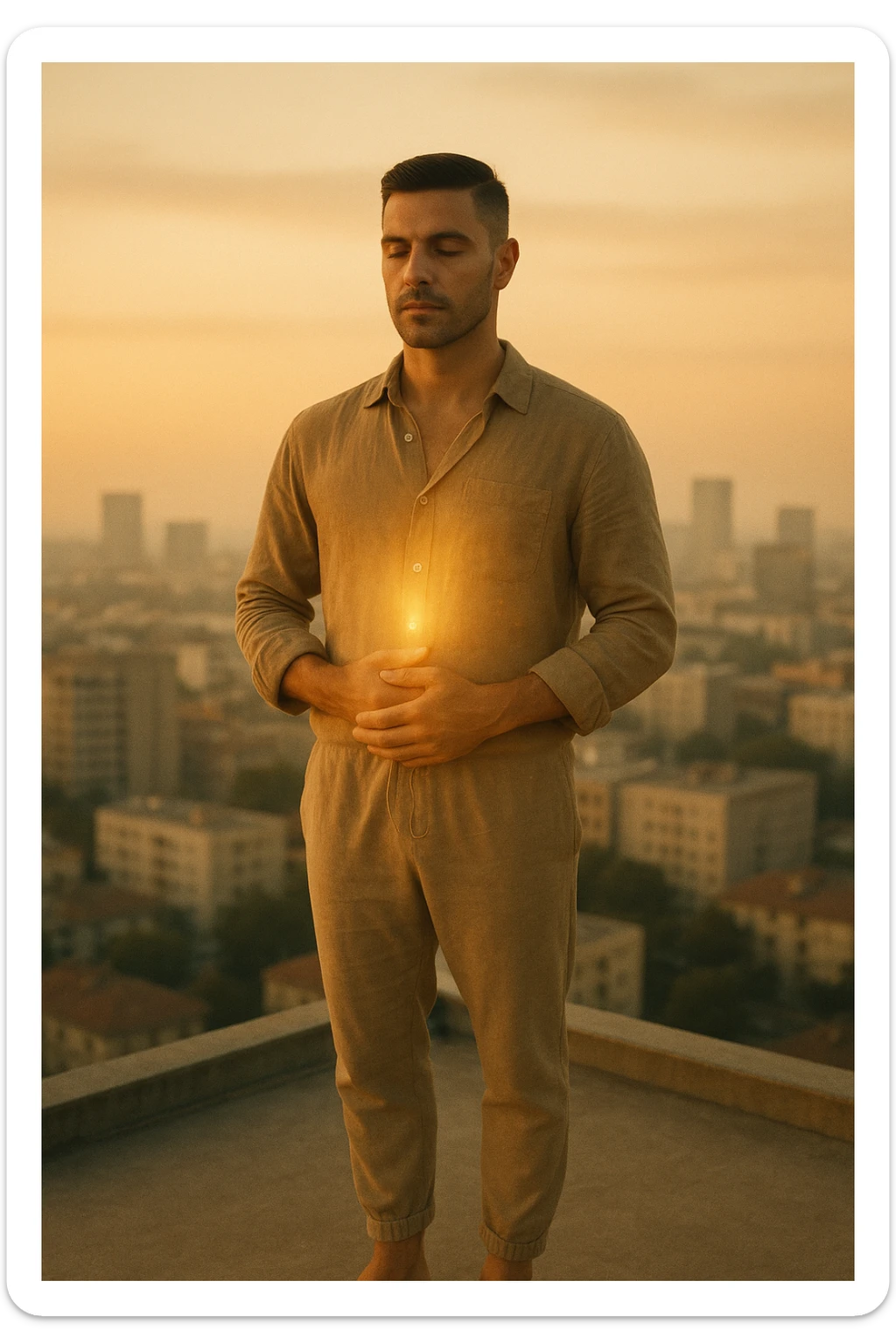 A cinematic portrait of a calm and composed man in his mid-30s, with light stubble and a defined jawline, standing alone on a rooftop at sunrise overlooking a quiet modern city. He’s wearing minimalist, earth-toned clothing — a linen shirt loosely buttoned, neutral joggers, barefoot. His hands rest gently over his abdomen in a meditative posture, eyes half-closed, reflecting clarity and focus. The early morning light bathes his face and body in soft gold, symbolizing renewal and healing. Around him, the city is still asleep, with only faint traces of life below. The air feels clean and silent. Subtle glow effects radiate gently from his chest and abdomen, suggesting internal regeneration. 35mm film style, shallow depth of field, realistic human textures and cinematic color grading with warm and natural tones. sticker