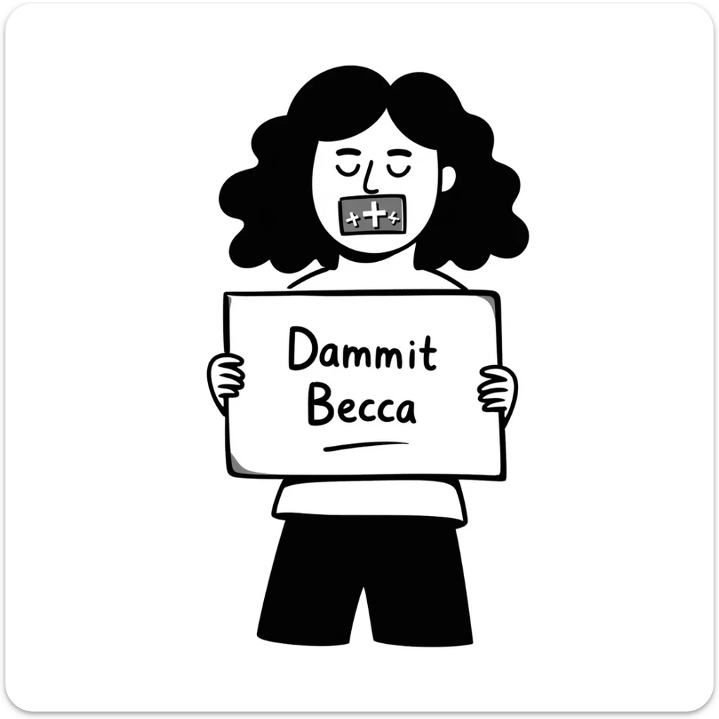 hand-drawn doodle of a face with symbols over the mouth, holding a protest sign that says 'Dammit Becca' sticker