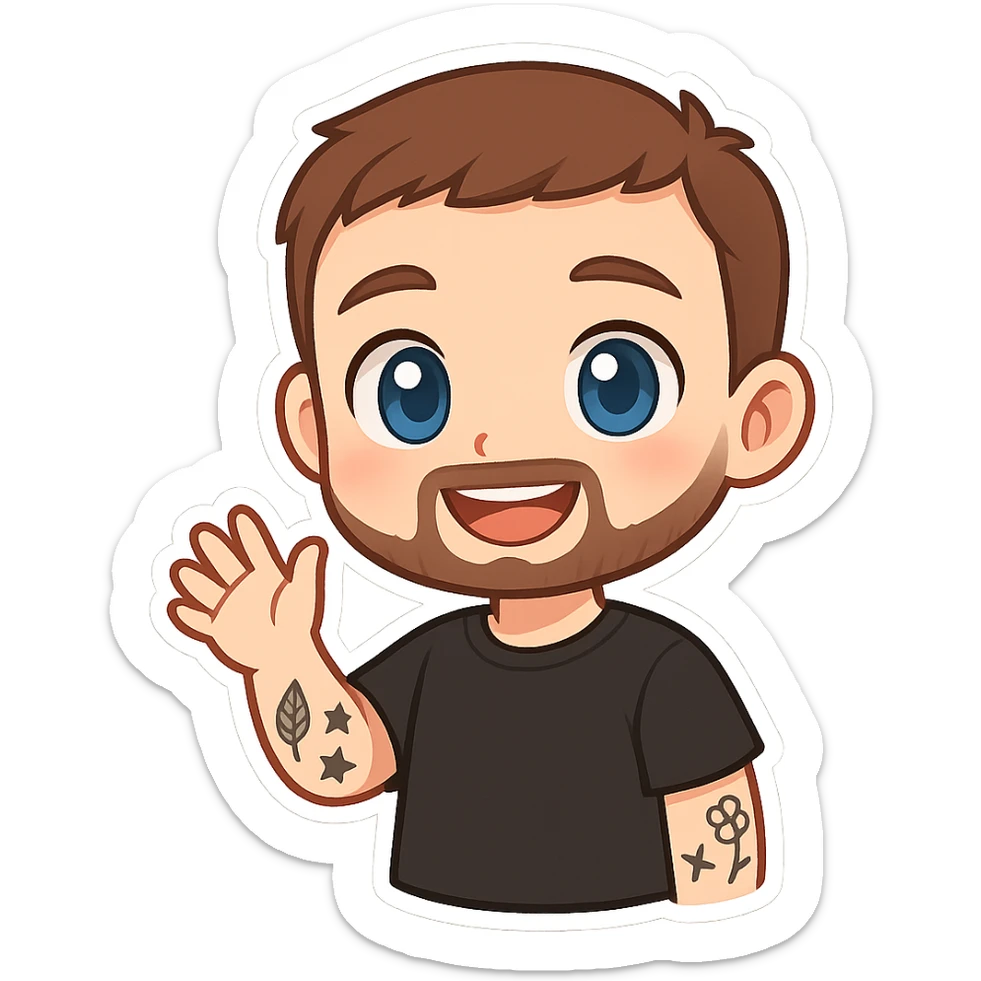 cute chibi cartoon-style male character, front-facing, short brown hair, neatly trimmed short beard, large blue eyes, smiling, waving with right hand, visible tattoos leaf star flower on left arm, wearing simple black t-shirt, smooth shading, clean lines sticker