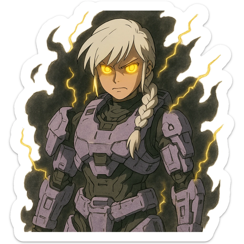 female, wearing reach spartan armor shoulder-unequip, long white braid hair with massive messy front side single bangs, gold yellow eyes, attention pose, D-cup size, HALO:series, no helmet, the armor is lavender color scheme, eyes glowing, demon eye, gleam, rage aura, body steaming dark gray, gold electricity, mouth clowed scowling sticker