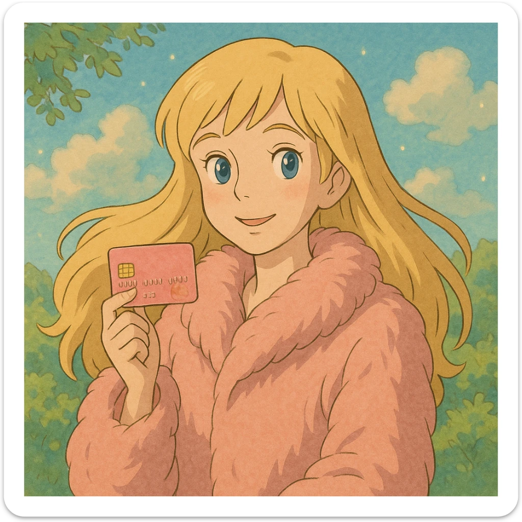 blonde girl with long hair, pink fur, holding a pink credit card, ghibli style sticker
