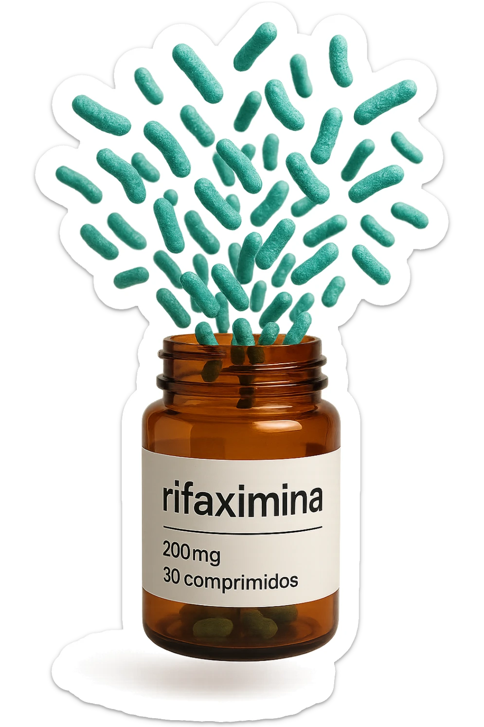 barattolo di medicinale con la scritta "rifaximina" sull'etichetta fluttua in aria, da dentro al barattolo escono batteri intestinali turchesi, iperrealistico 4k sticker