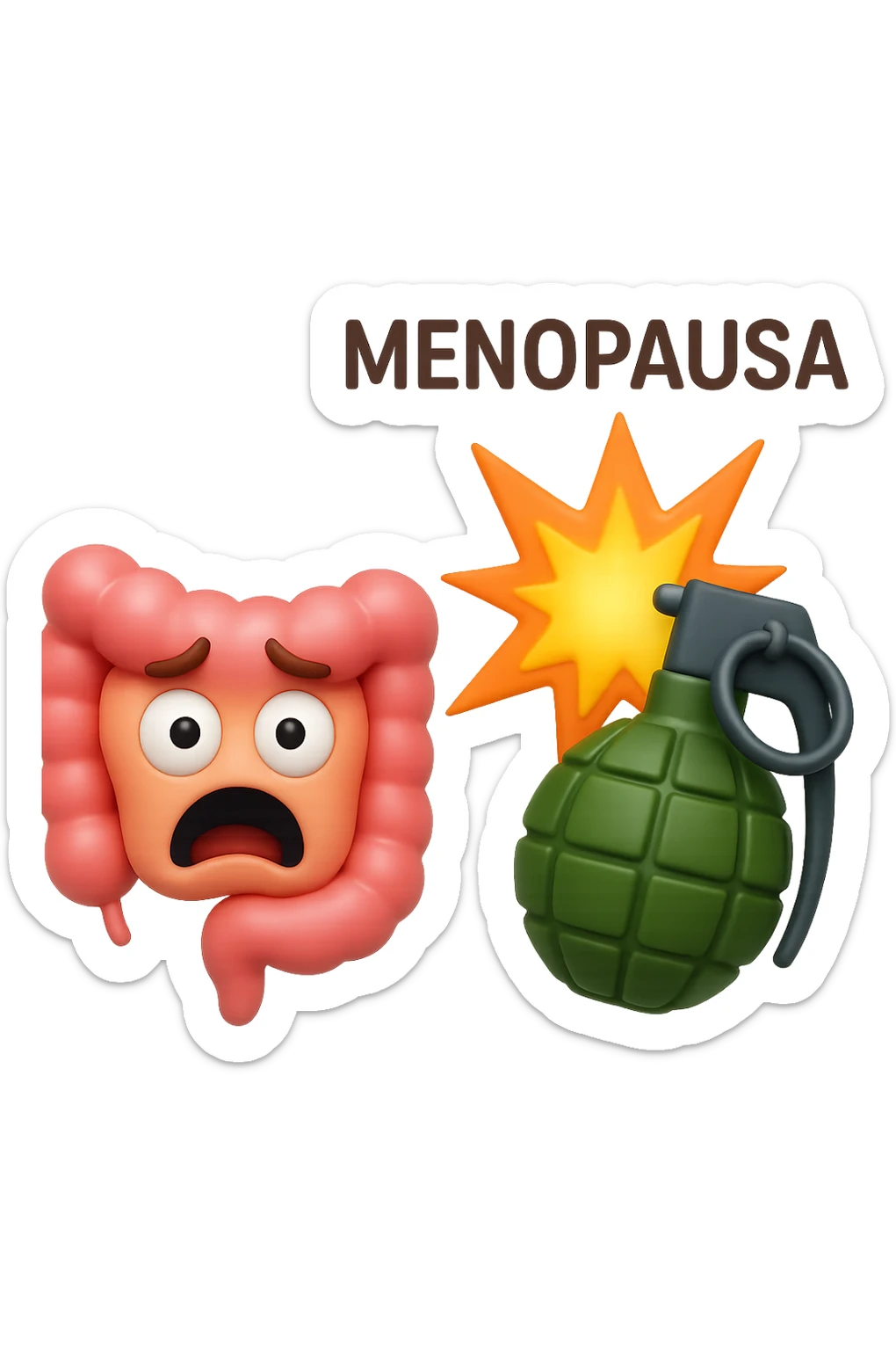 EMOJI STILE IPHONE 3D DI INTESTINO 3D CON ESPRESSIONE SPAVENTATA IN VOLTO MENTRE ACCANTO A LUI SCOPPIA UNA GRANATA 3D CON LA SCRITTA "MENOPAUSA" SOPRA, FAGLI ANCHE LA PARTE BIANCA DEGLI OCCHI, NON SOLO LA PUPILLA sticker
