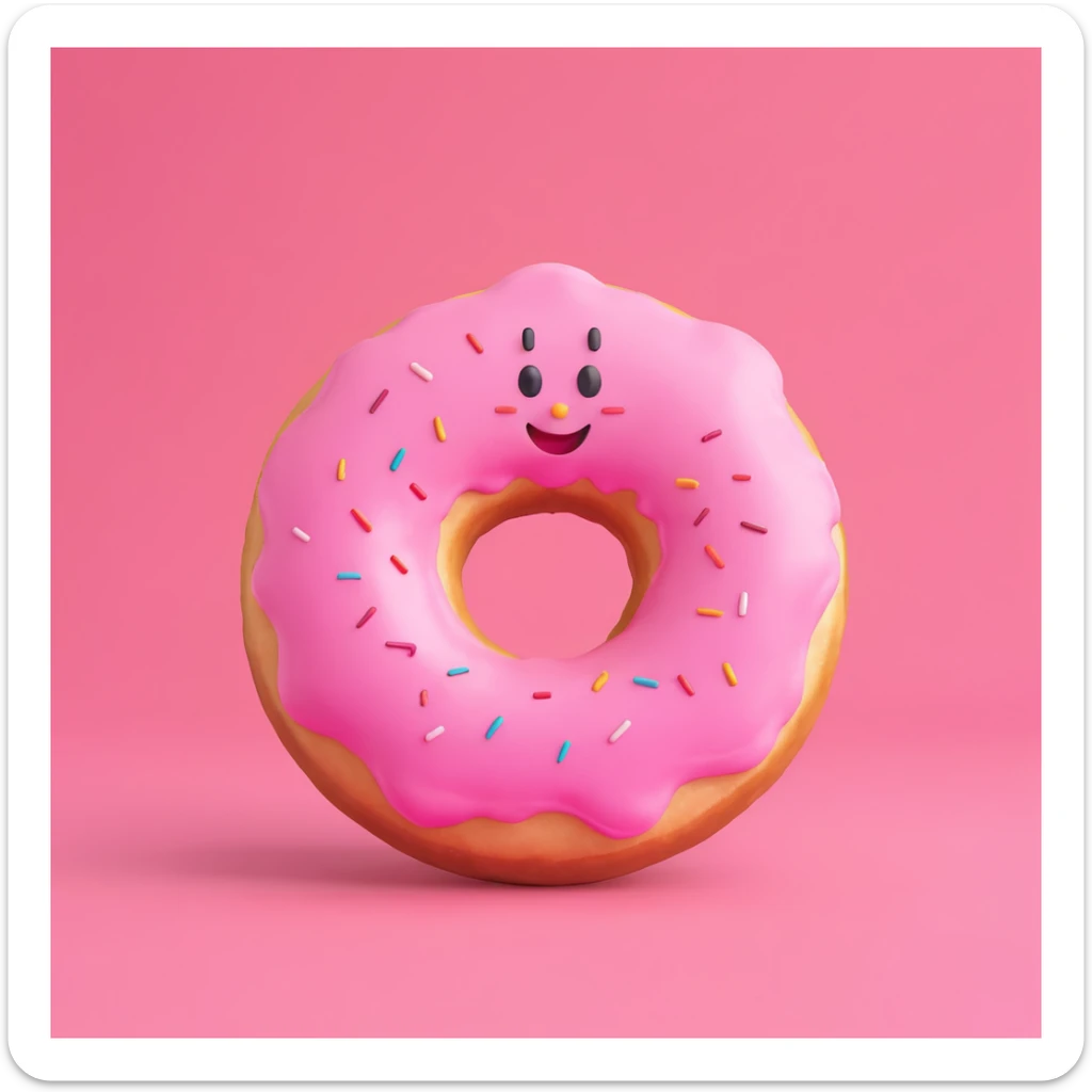 Create an emoji of this donut character with a happy expression, 3D cartoon style, pink background. sticker