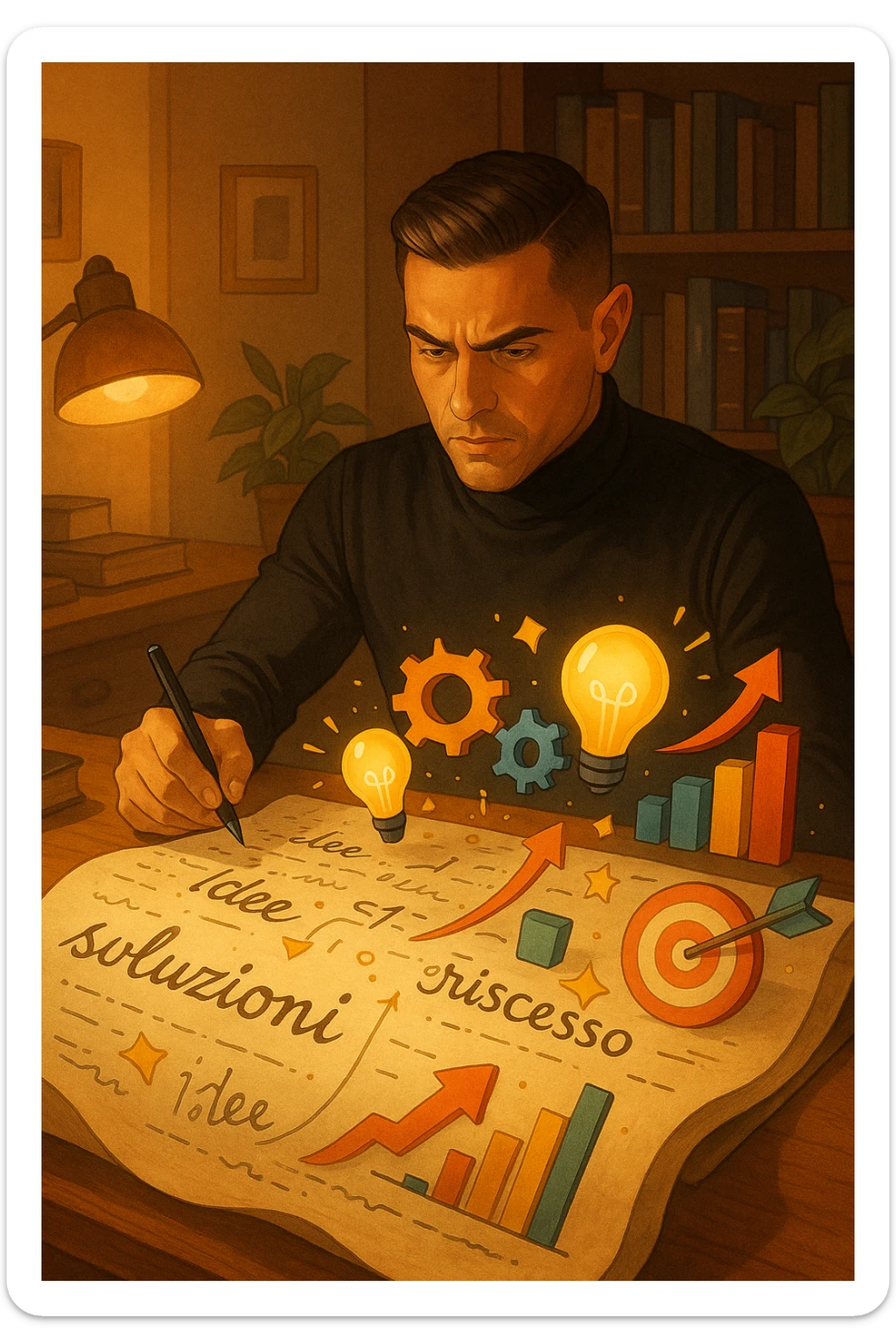 Un uomo concentrato, seduto alla sua scrivania in una stanza con luce calda, sta scrivendo su un enorme foglio di carta che si espande magicamente davanti a lui. Mentre scrive, le parole si trasformano in elementi visivi tridimensionali che rappresentano le soluzioni ai suoi problemi in italiano sticker