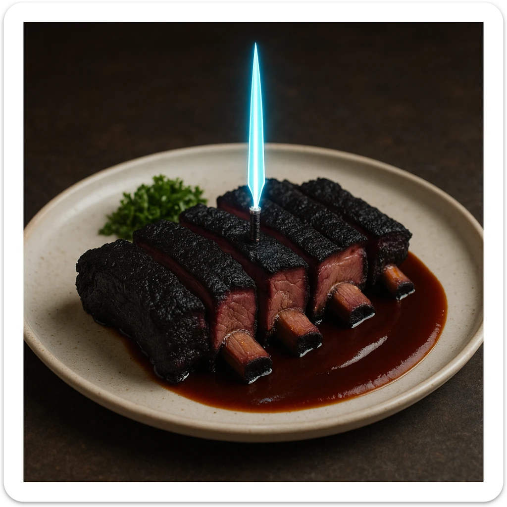 a delicious plate of smoked ribs, the color of the meat is succulent dark blackish purple, the 5 Michelin star dish is plated with a tiny energy sword piercing the center sticker