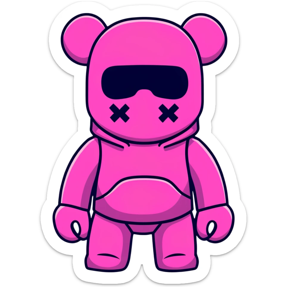 Cool Bearbrick toy wearing a pink balaclava with KAWS signature X eyes visible through the mask openings sticker