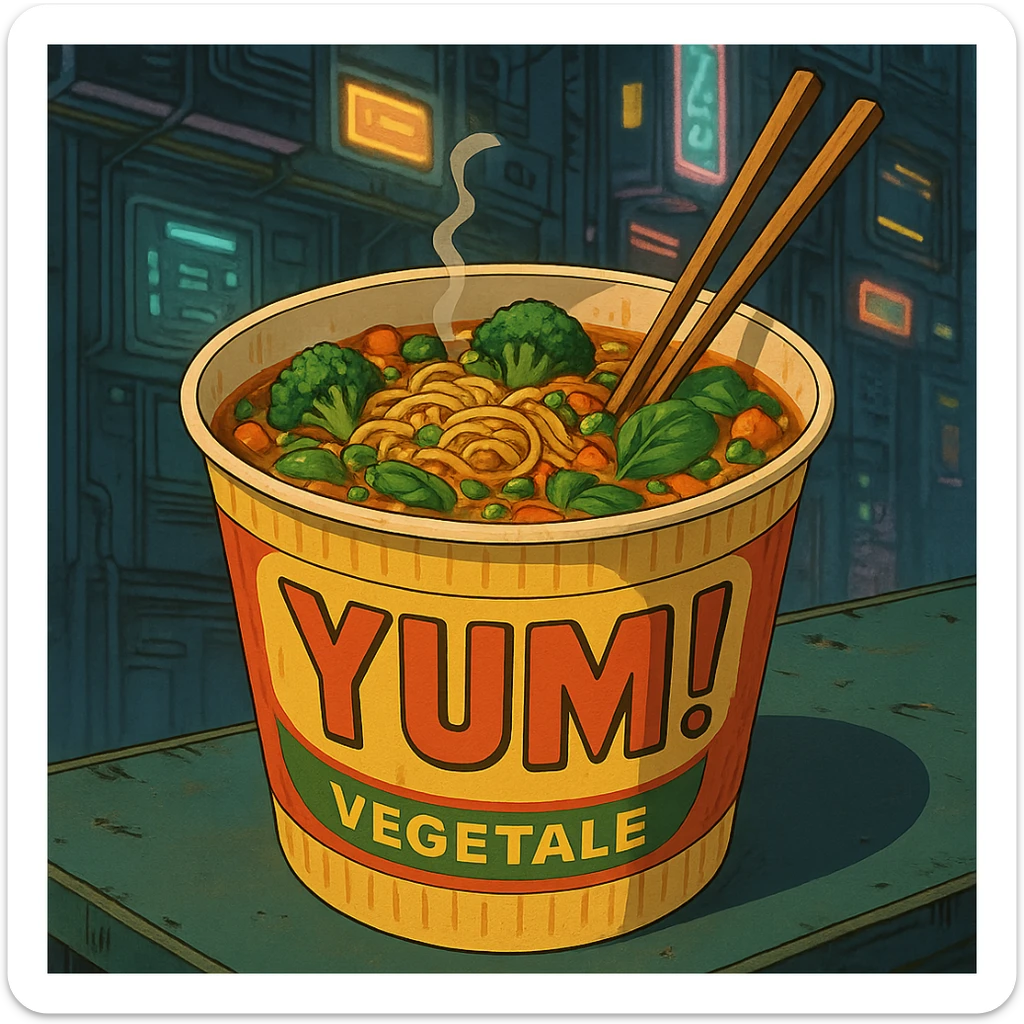 cyberpunk futuristic, scifi, a bowl of delicious veggie , ramen, 1990s, paper cup, classic style branding, with chopsticks, empty background, brand name: YUM! sticker
