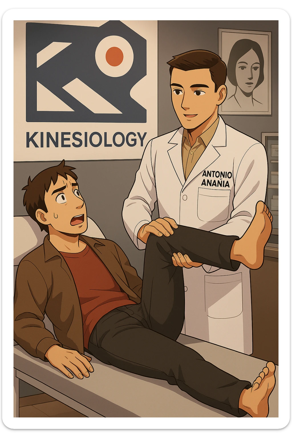 fai un webtoon manga a colori con questo stile, in cui un uomo è steso sul lettino medico e il kinesiologo con il camice bianco (fagli anche la scritta "ANTONIO ANANIA" SUL CAMICE, gli solleva una gamba per fargli il test neuromuscolare, IL KINESIOLOGO SPIEGA ALL'UOMO UNA cosa mentre gli alza la gamba. non fare i fumetti però, fai solo in modo che sembri stiano parlando, il lettino fai in modo che si veda tutto intero sticker