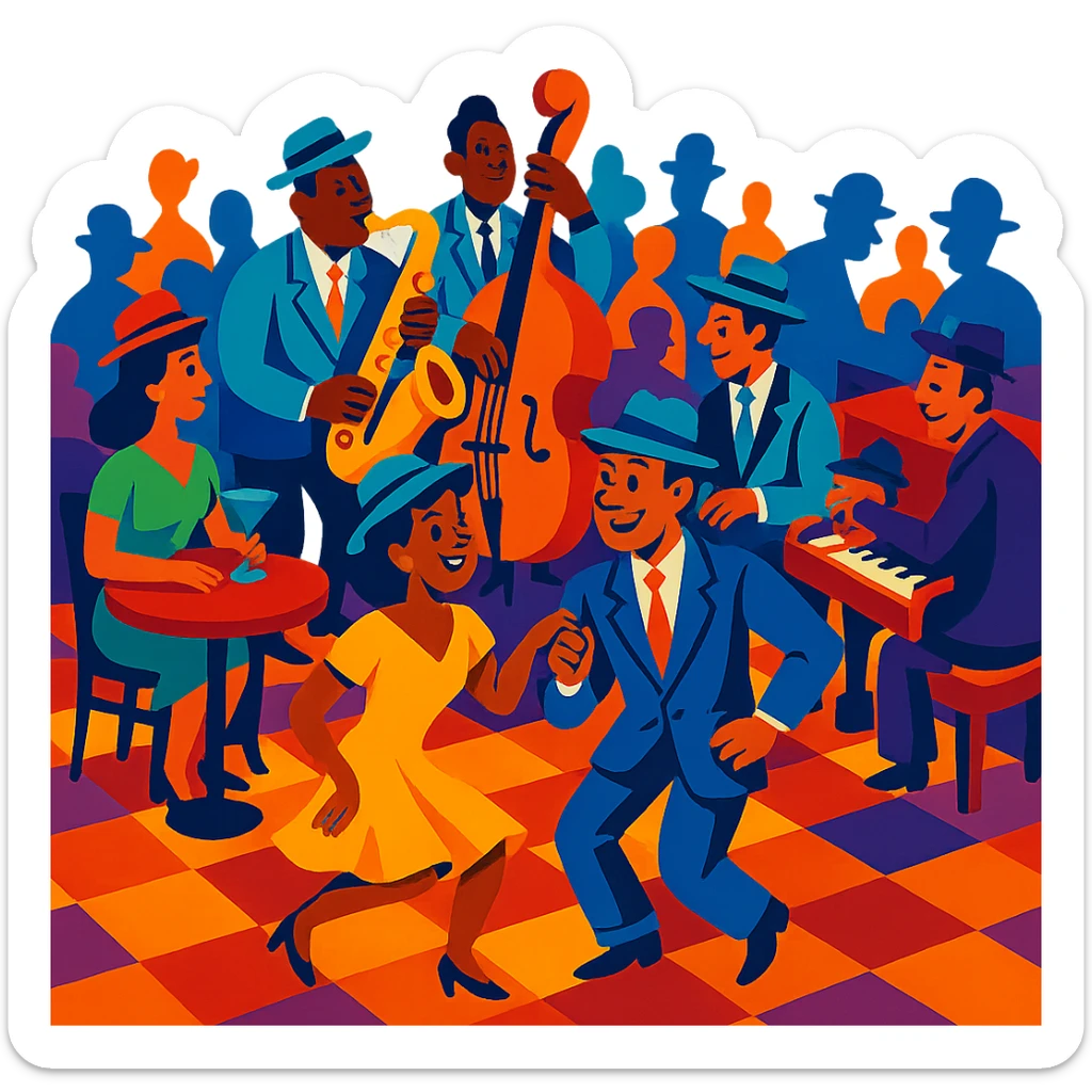 1940s jazz nightclub scene, vibrant toon style, energetic colors, no text sticker