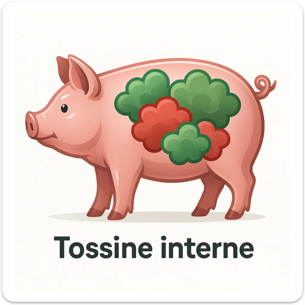 symbolic illustration of a pig with shiny dry skin, green/red toxin clouds inside the body, white background, Italian text: 'Tossine interne', 4K quality sticker