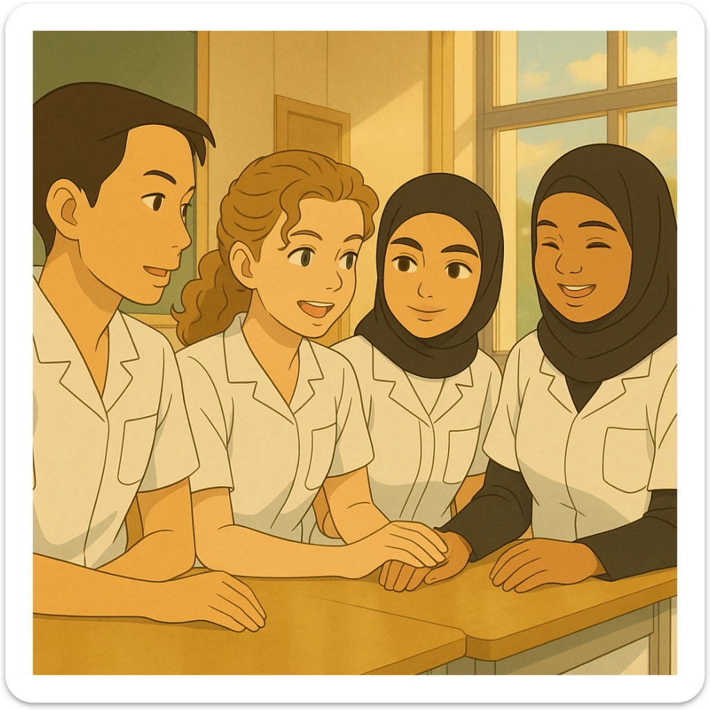 Personnaliser les quatre étudiants infirmiers en interaction, style Ghibli, en utilisant les visages des quatre photos fournies, tenues blanches à manches courtes, tuniques médicales col en V, poche poitrine à gauche, pas de pied de col, pas de stéthoscopes, avant-bras nus, cheveux longs attachés pour celles qui en ont. Décor lumineux, ambiance collaborative. sticker