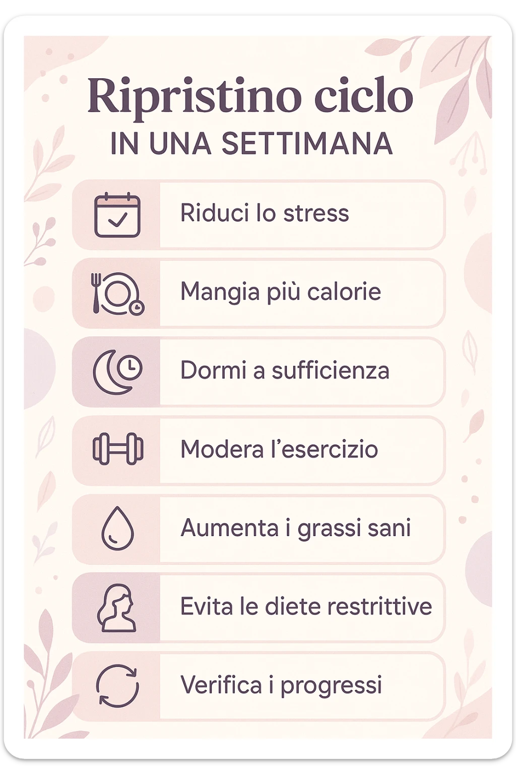 infografica stile post di instagram con titolo "Ripristino ciclo in una settimana" sticker