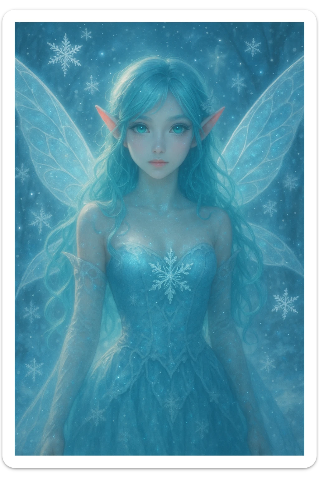ice fairy with aqua-colored eyes and hair, surrounded by snowflakes, glowing, enchanting, fantasy style sticker
