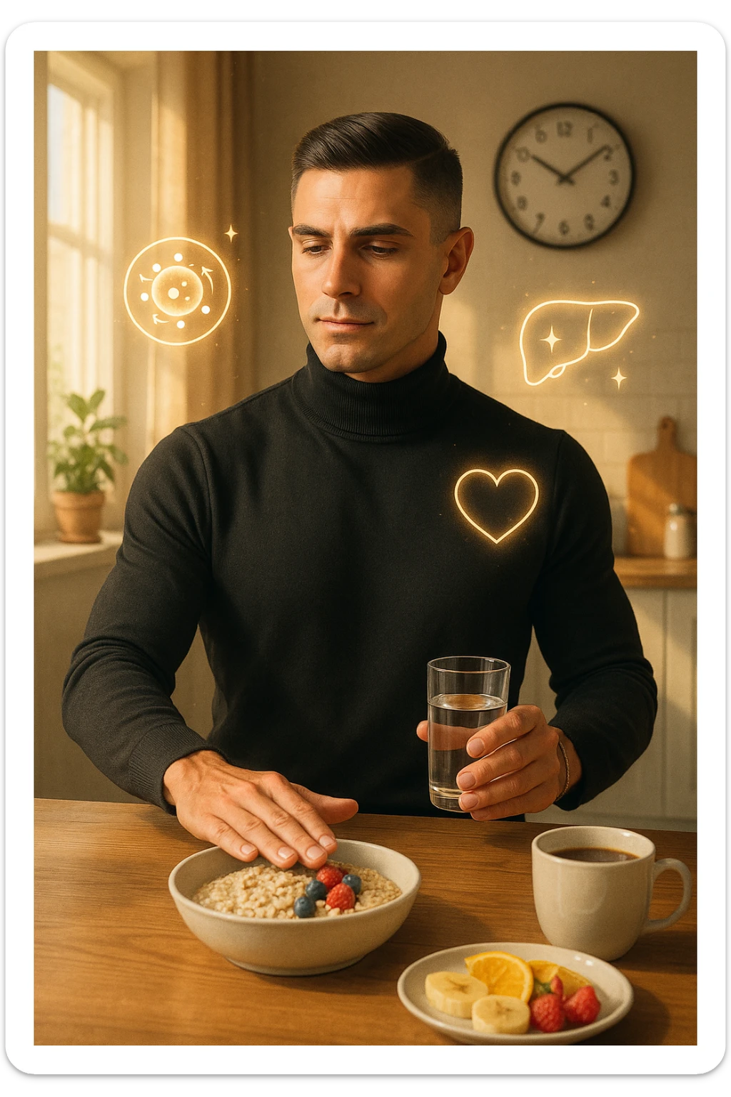 A realistic, cinematic illustration of a man in his early 30s with a fit, healthy appearance, standing in a bright kitchen in the morning. The kitchen table has a prepared but untouched healthy breakfast (oatmeal, fruit, coffee) on it, while the man, with a calm and focused expression, gently pushes the plate away with one hand while holding a glass of water in the other. A wall clock in the background shows 8:00 AM, indicating the morning fasting window, while sunlight streams in, illuminating the scene. Subtle glowing icons of a regenerating cell, a clean liver, and a heart float softly around him, symbolizing the health benefits of intermittent fasting. The atmosphere is clean, minimal, and motivating, showing that the man chooses intermittent fasting consciously for health, clarity, and energy rather than weight loss alone. The color palette is warm, with natural light and a slight film grain for depth sticker
