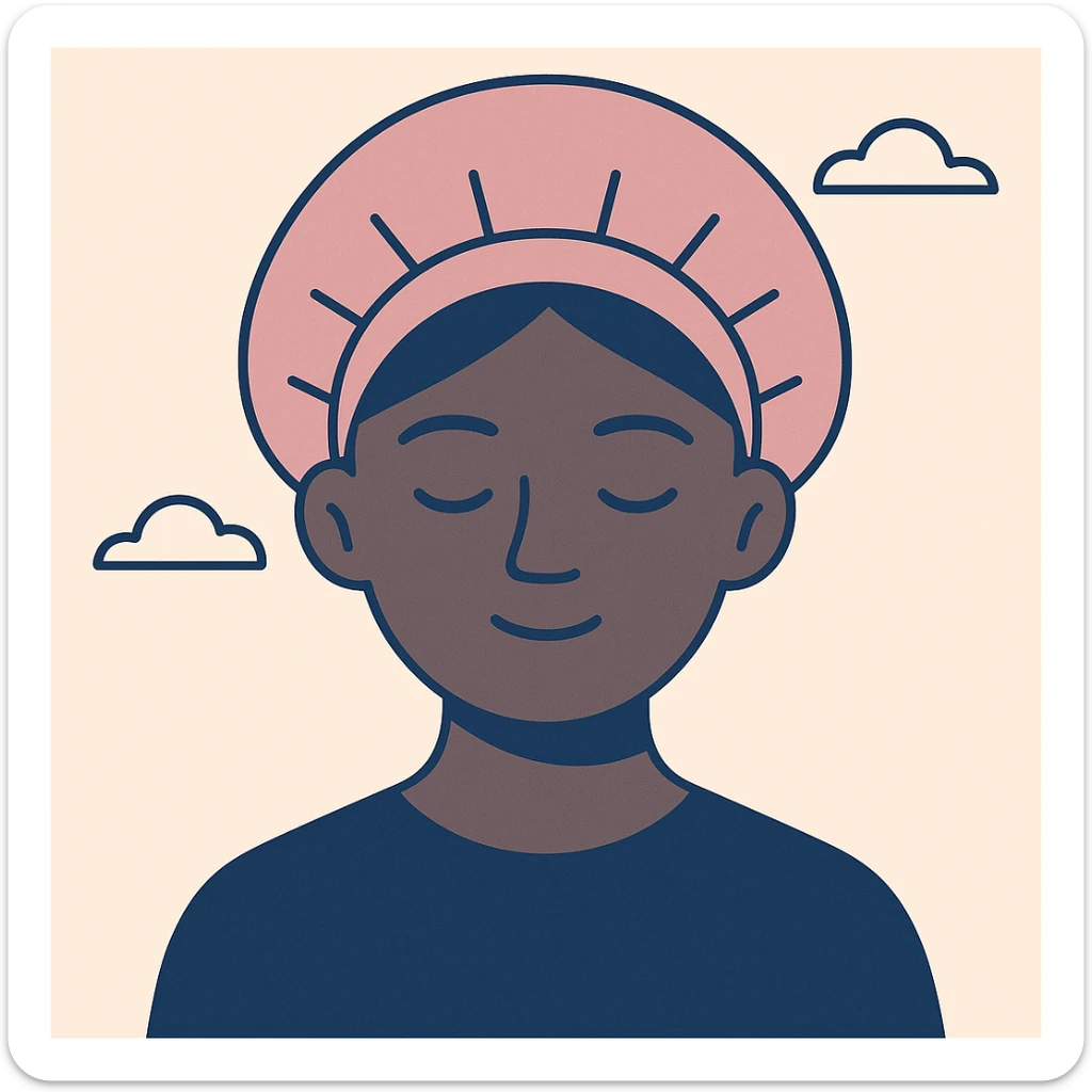 black girl with eyes closed wearing a pink bonnet, clean modern illustration style sticker