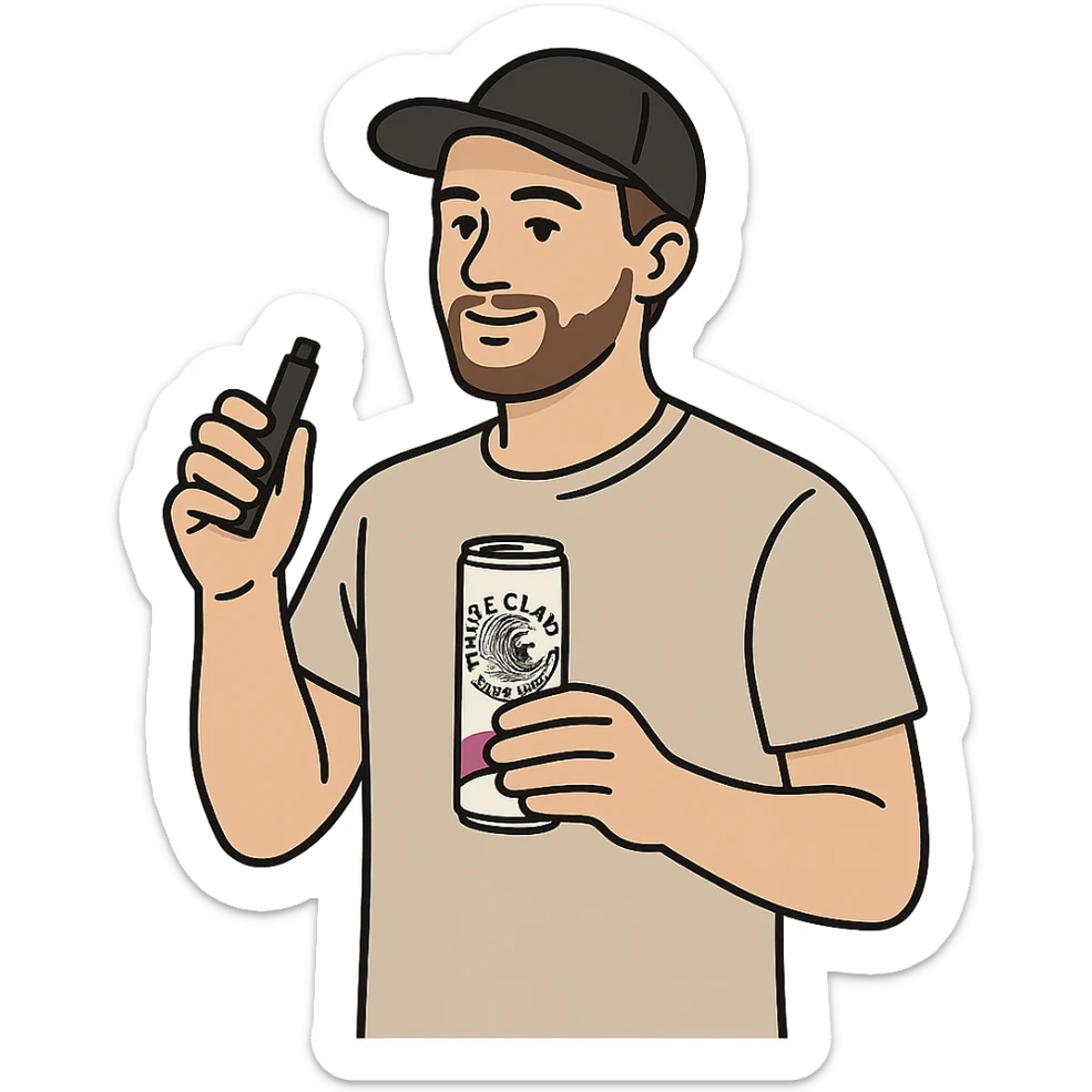 a man wearing a t-shirt and a baseball hat, holding a can of White Claw and a vape, simple clear style sticker