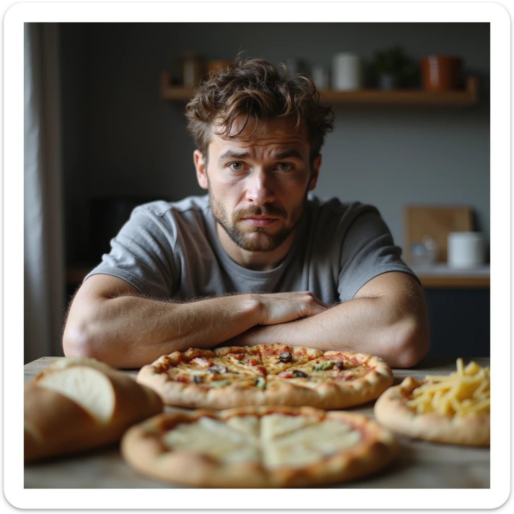 realistic 28-year-old man looking at a table full of gluten-containing foods (bread, pizza, pasta) with a sad or confused expression, domestic environment sticker