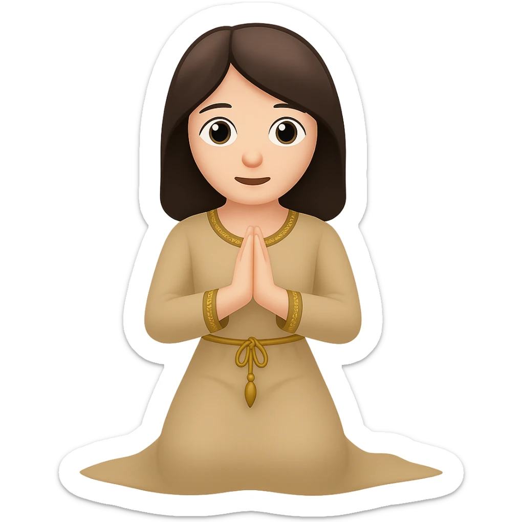Change the dress color to tan, keep the woman kneeling and praying, long dark brown hair, emoji style, no background. The style should resemble emoji style with simple and clear features. sticker