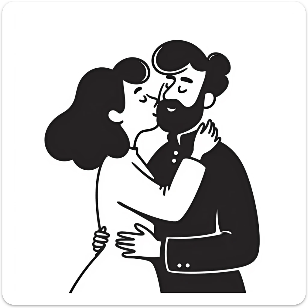 curly haired girl kissing a man with a beard, romantic couple kiss sticker