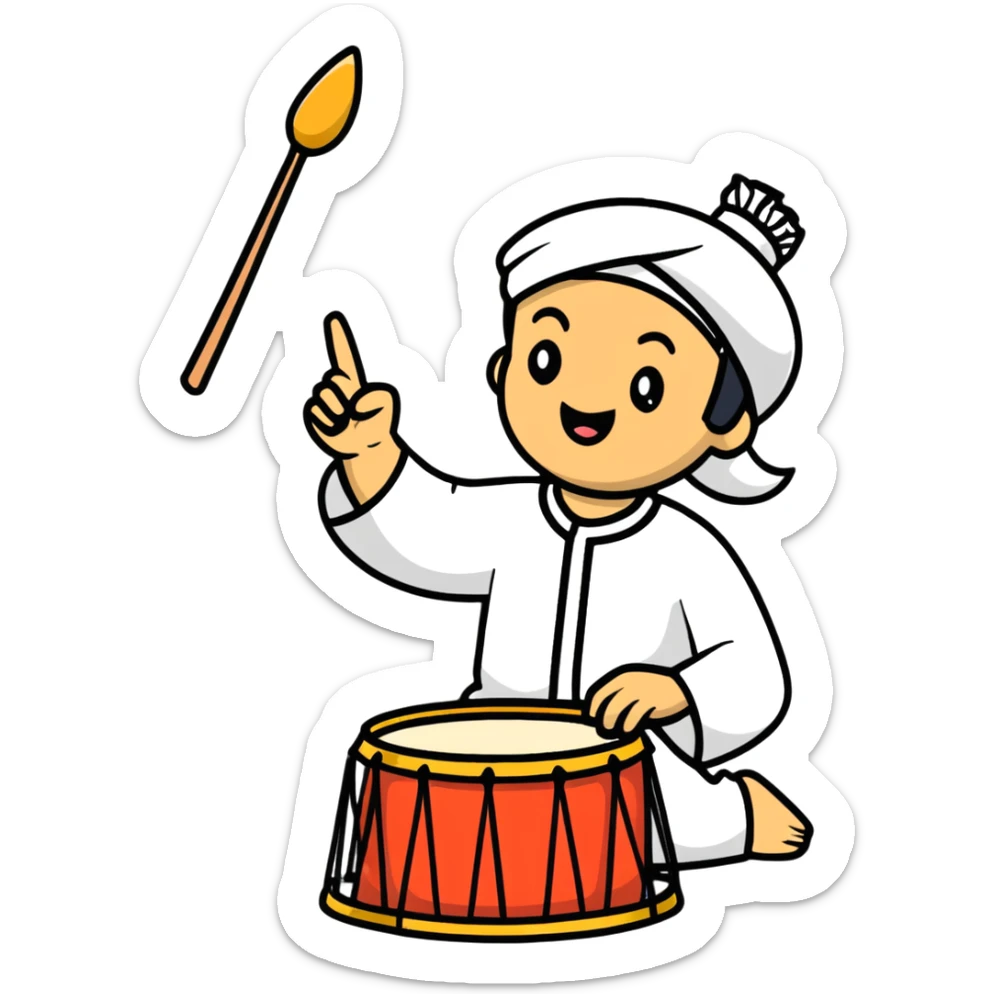 person beating a drum and chanting 'tung tung tung sahur' in a festive Ramadan night setting sticker