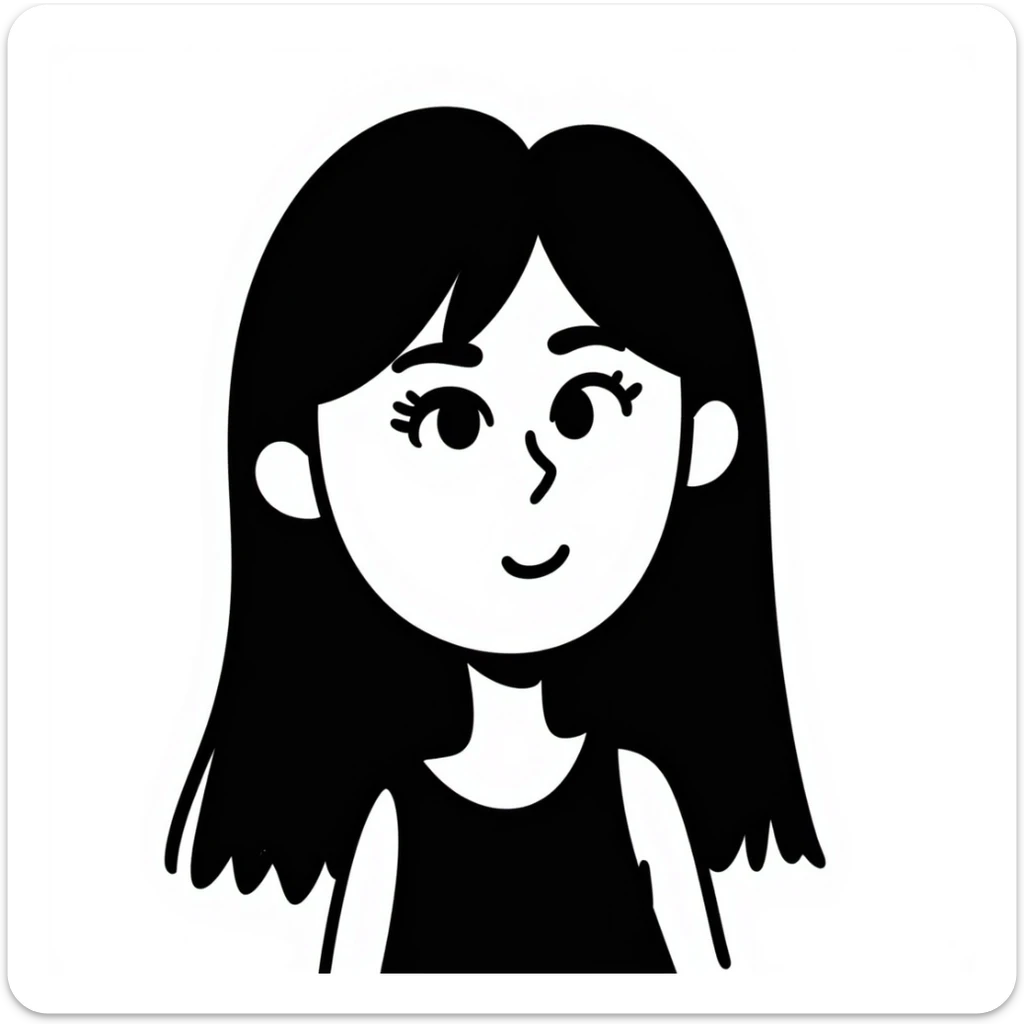 illustration of an Indian girl with straight long hair and a fringe, big lips, slightly slanted eyes, winged eye liner, hand drawn doodle style sticker