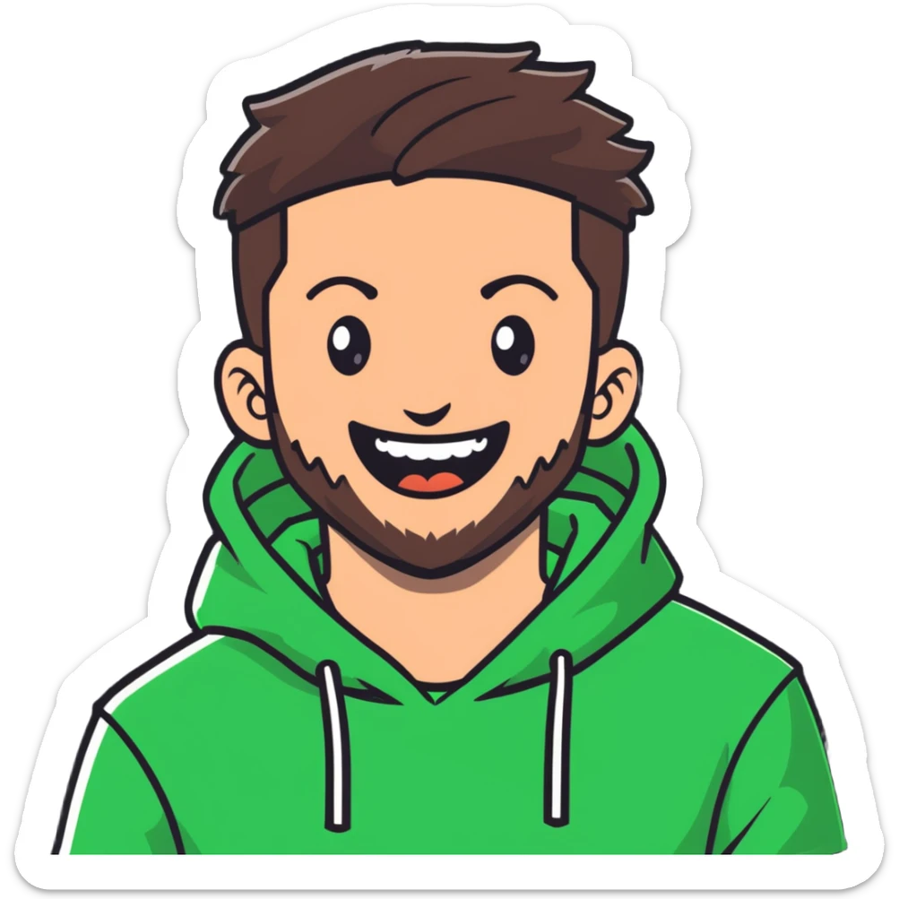laughing guy with white hoodie, green t-shirt underneath, green eyes, dark brown undercut hairstyle and a short full beard sticker