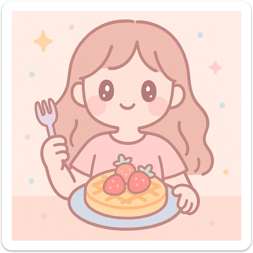 mujer disfrutando wafles con frutilla, estilo soft girl, colores pastel, ambiente suave y acogedor sticker