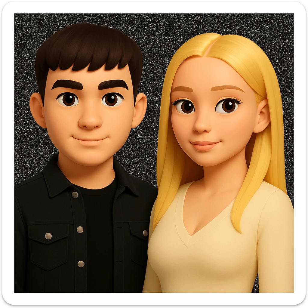 Slightly increase the volume of the upper body of the girl, separate the girl and the boy from each other, and make the skin color the same for both. Maintain the cartoonish 3D style in the edits. The original style is a cartoonish 3D style, so keep that look while editing. sticker