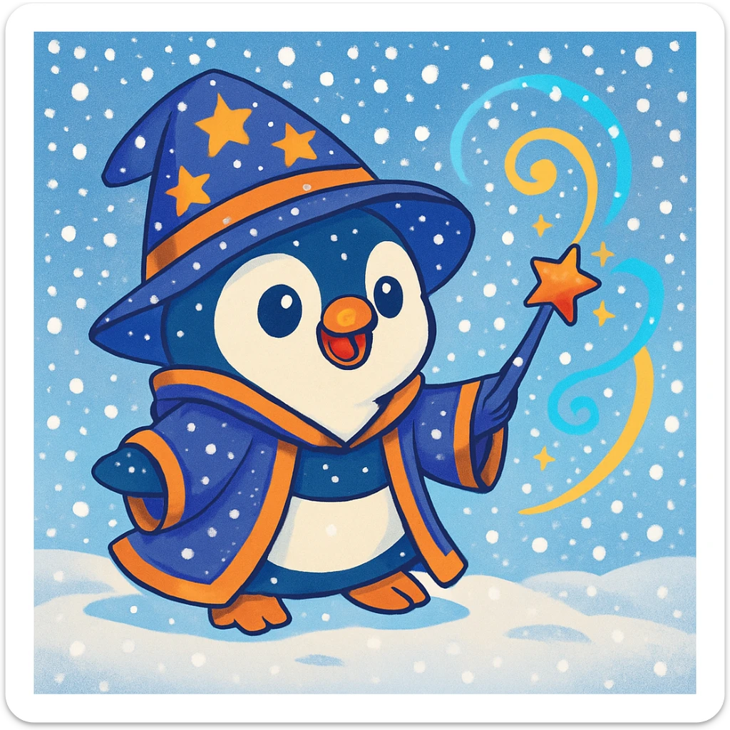 Add falling snowflakes to the scene with the cute penguin wizard and snowy background, keeping the colorful cartoon style. sticker