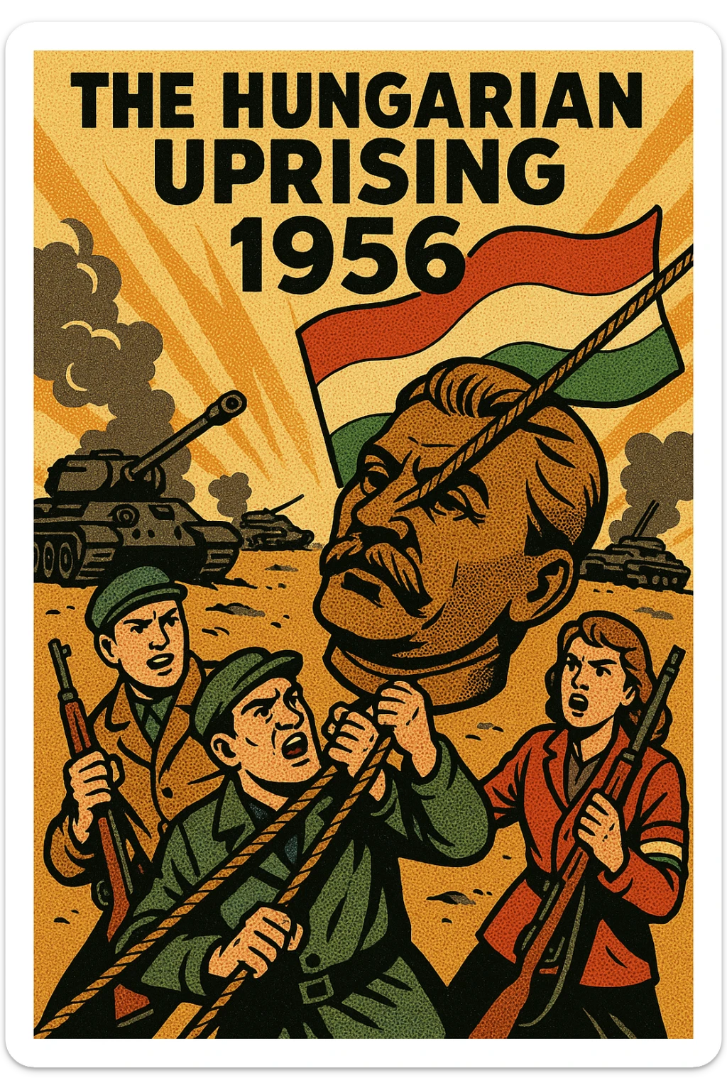 A picture of The Hungarian Uprising 1956 with the head of stalin's statue being pulled down by armed protestors with burnt out Russian tanks in the background sticker
