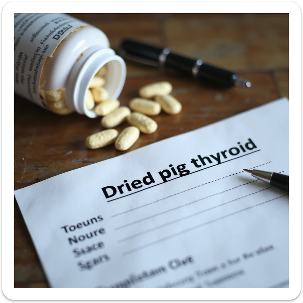 close-up of a medical prescription on a desk, 'Dried pig thyroid' highlighted, next to a pen and a supplement jar, hyperrealistic 4K details sticker
