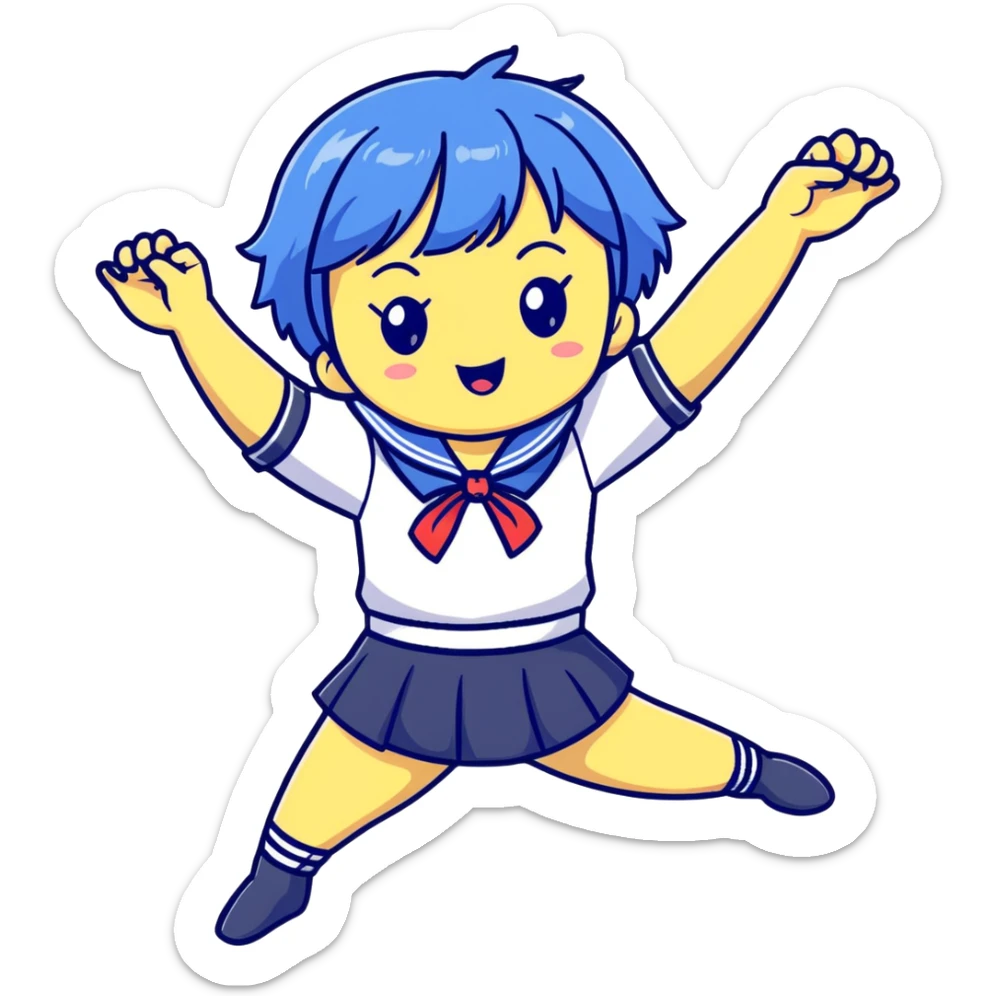 Energetic anime girl with short blue hair wearing Japanese sailor style school uniform, jumping excitedly with arms raised, very cheerful, kawaii style sticker
