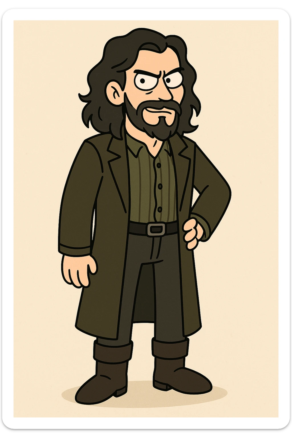 full body illustration of Sirius Black in cute, cartoon, simplified style with bold black lines and soft colors, long dark hair, beard, rebellious expression, wearing dark overcoat and boots sticker