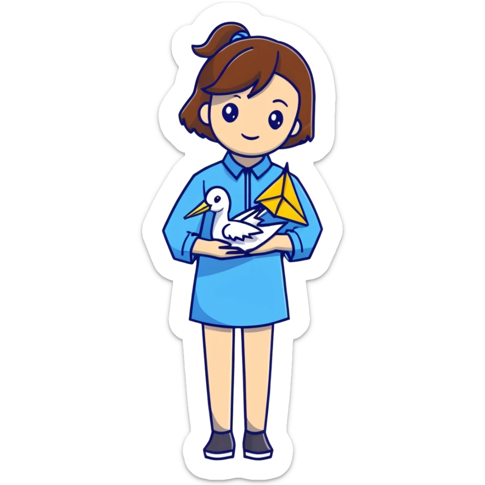 Happy Ukrainian young girl with brown hair in a white embroidered shirt holds an origami yellow and blue crane sticker