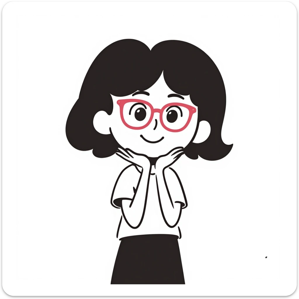 girl with medium brown hair and brown eyes, wearing pink glasses, hand-drawn doodle style sticker
